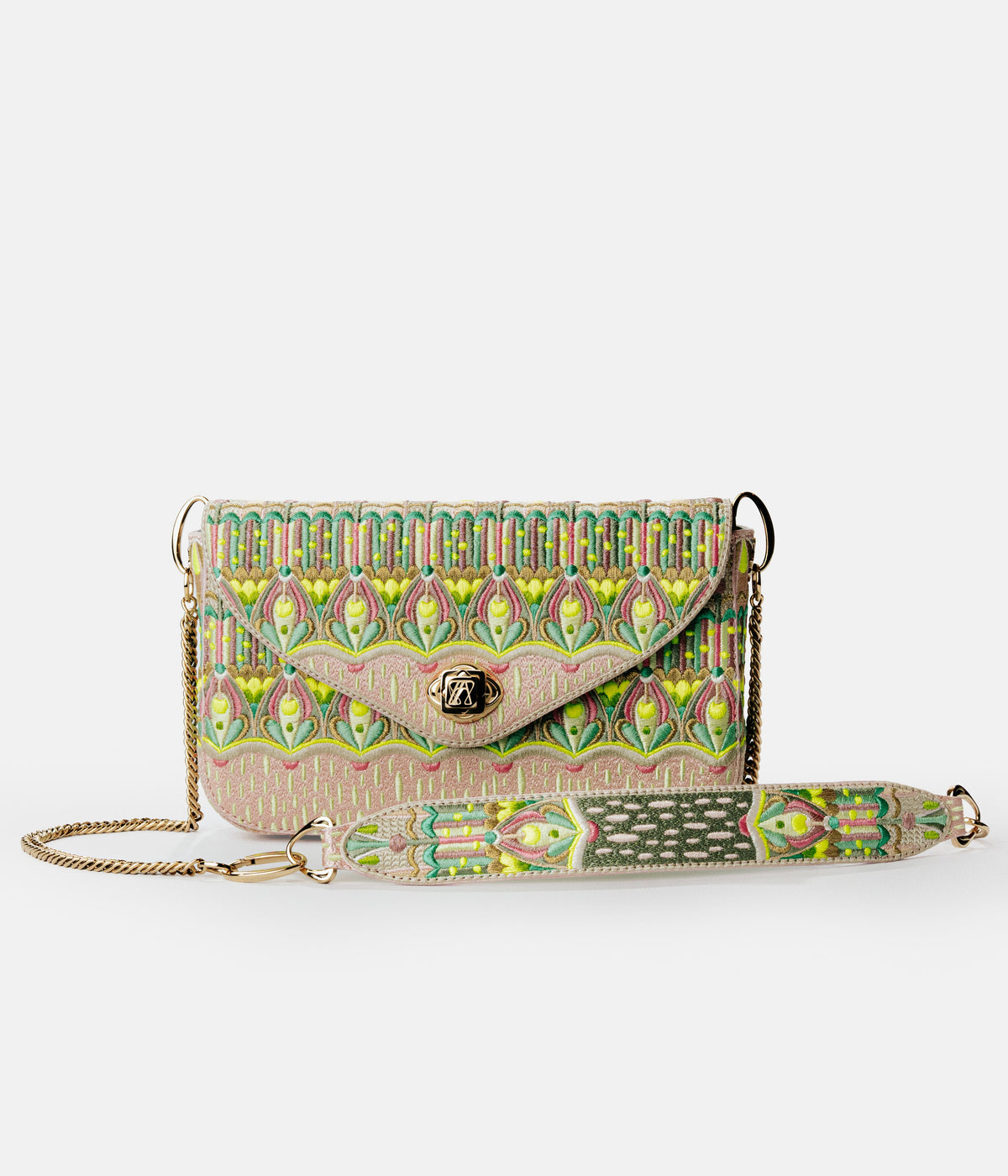 Neon & Champagne Pink hand-embroidered handbag from the AGNESTOTH Thermal collection — front view with its chain and embroidered strap