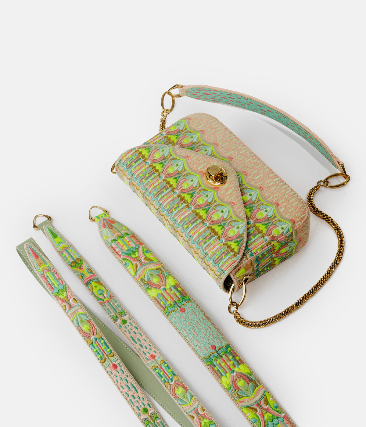 Neon & Champagne Pink hand-embroidered handbag from the AGNESTOTH Thermal collection — shown with its interchangeable embroidered straps