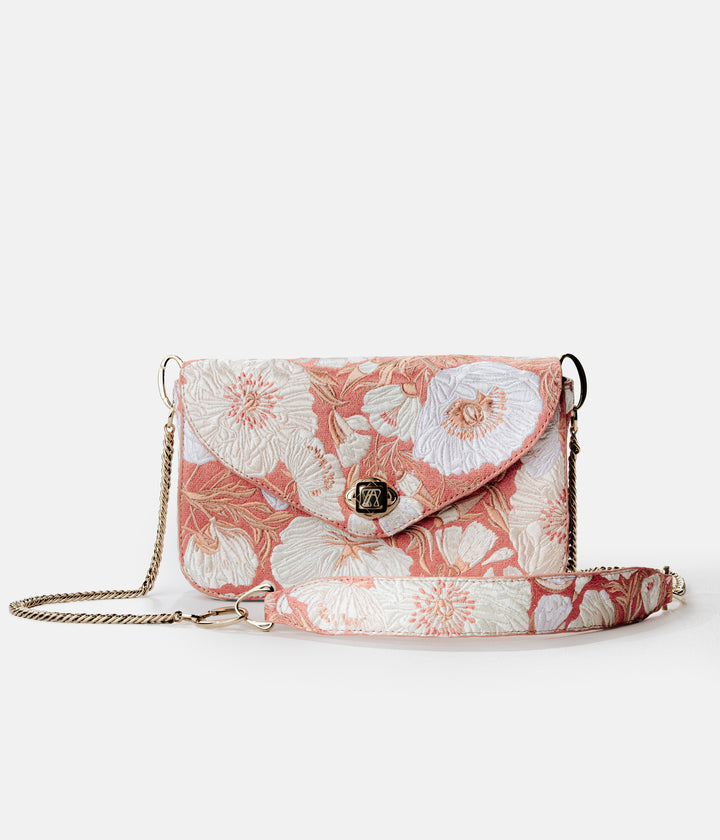 Peach & Cream hand-embroidered handbag from the AGNESTOTH Poppy collection — front view with its chain and embroidered strap