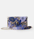 Ultramarine Blue hand-embroidered handbag from the AGNESTOTH Poppy collection — front view with its chain and embroidered strap