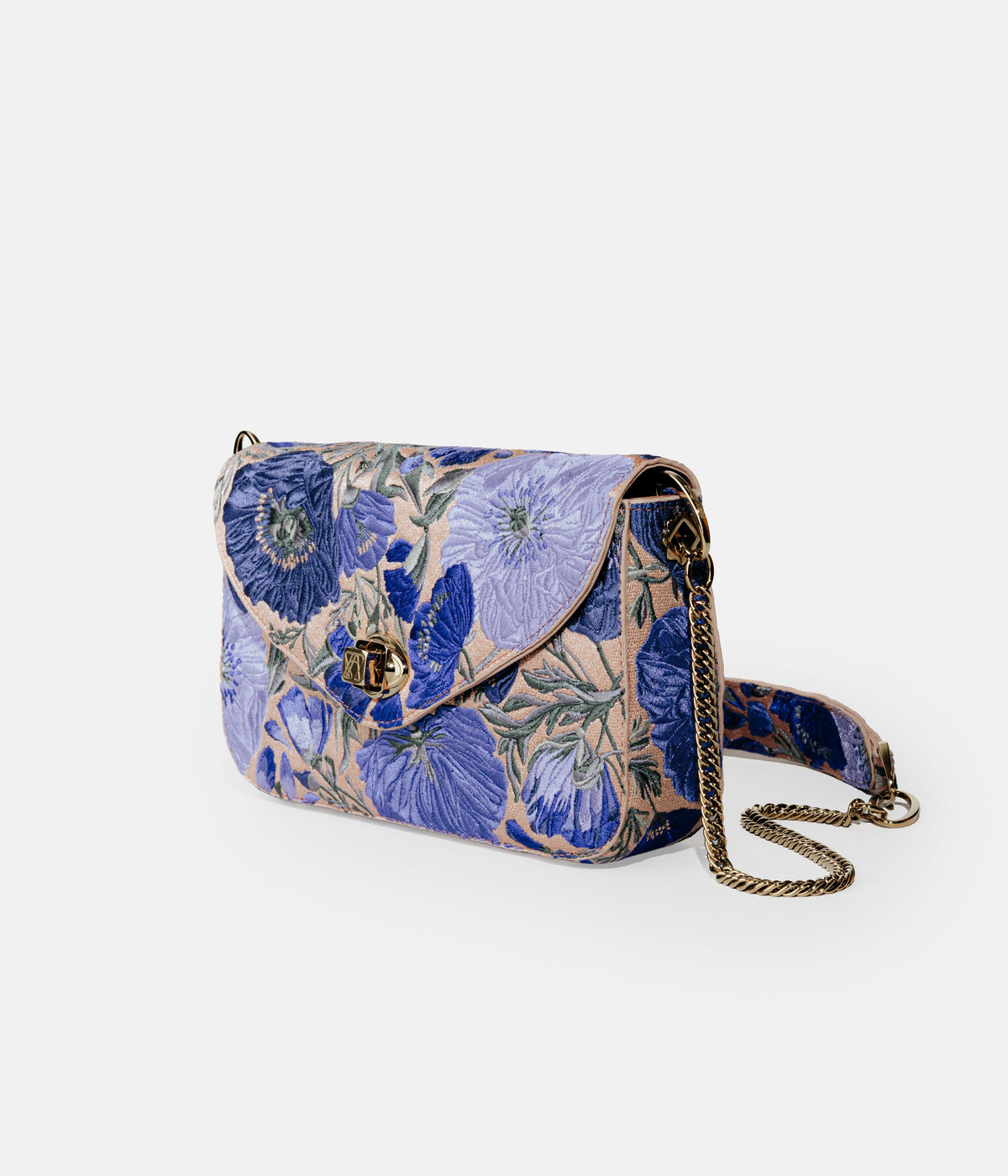 Ultramarine Blue hand-embroidered handbag from the AGNESTOTH Poppy collection — side view